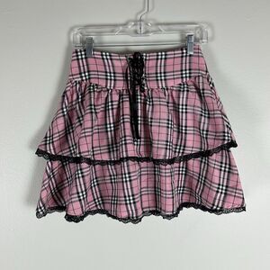 Hot Topic Pink Pleated Check Plaid Skirt Grunge Goth Y2K Size Small Lace Up Lace